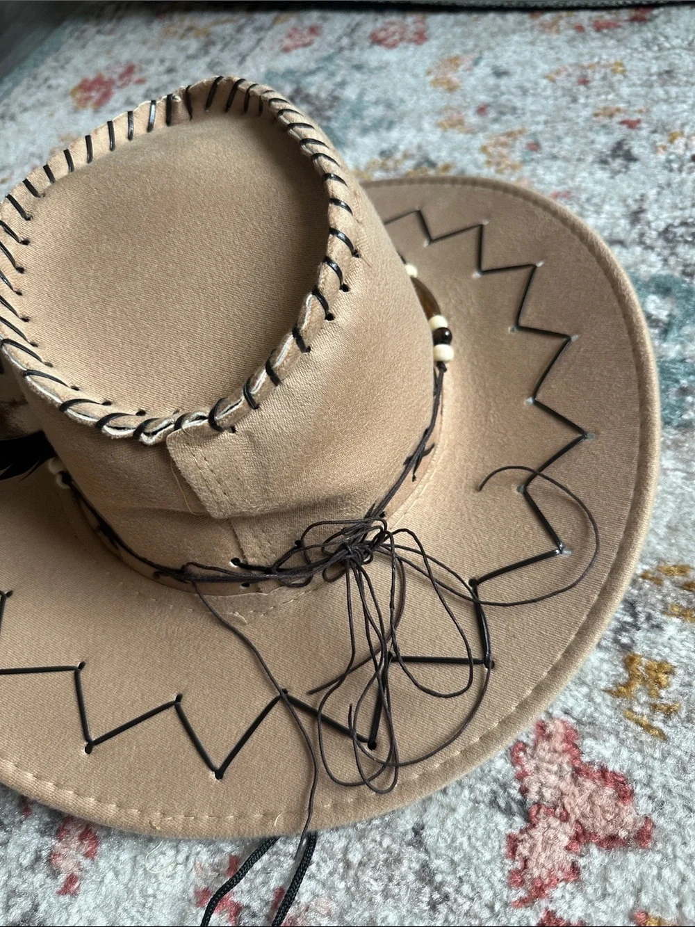 Tan Cowboy Hat with Bead & Feather Band